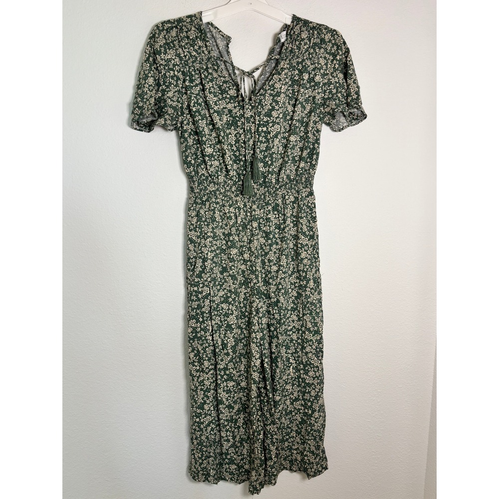 Luxology Green Floral Smocked Waist Tassel Tie Wide Leg Jumpsuit Medium